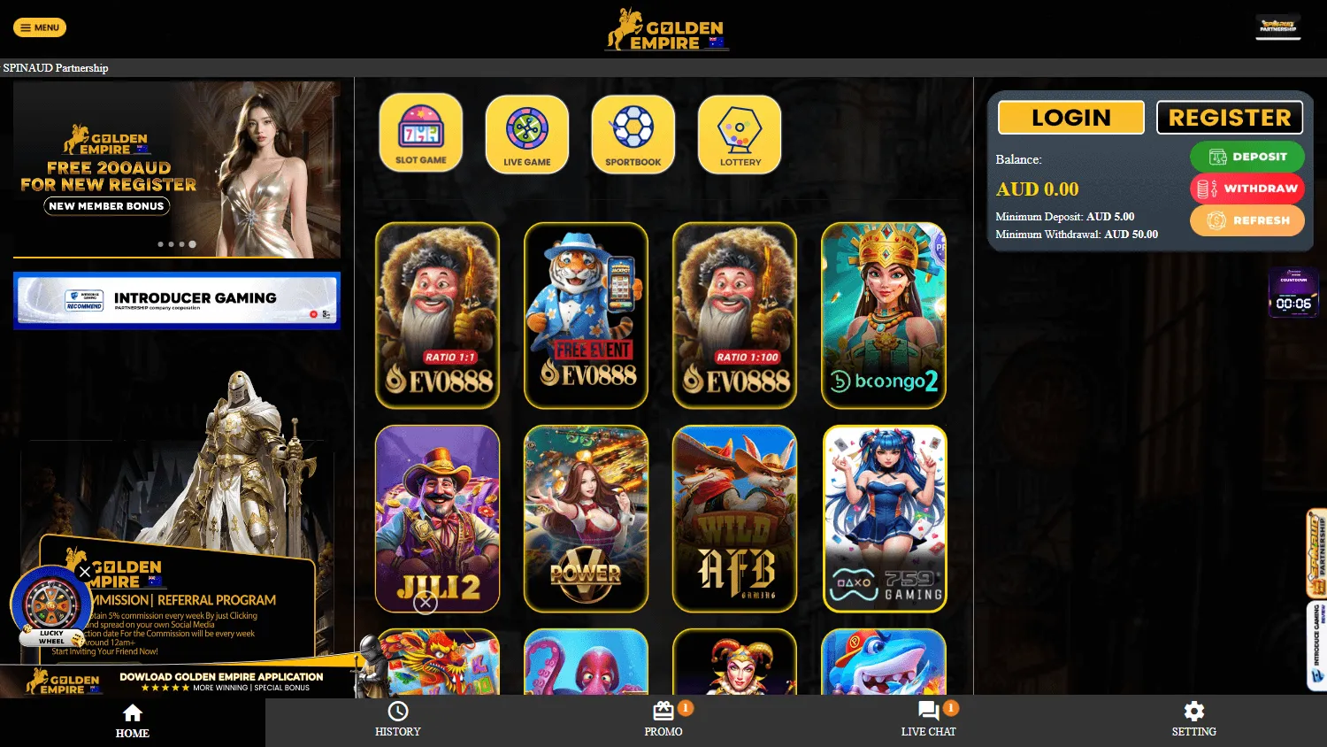 Golden Empire Casino home interface on desktop