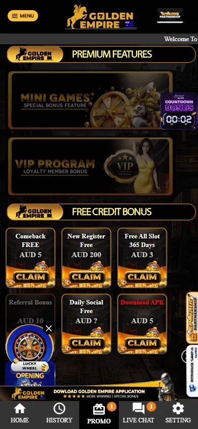 Golden Empire Casino promotions interface on a mobile device