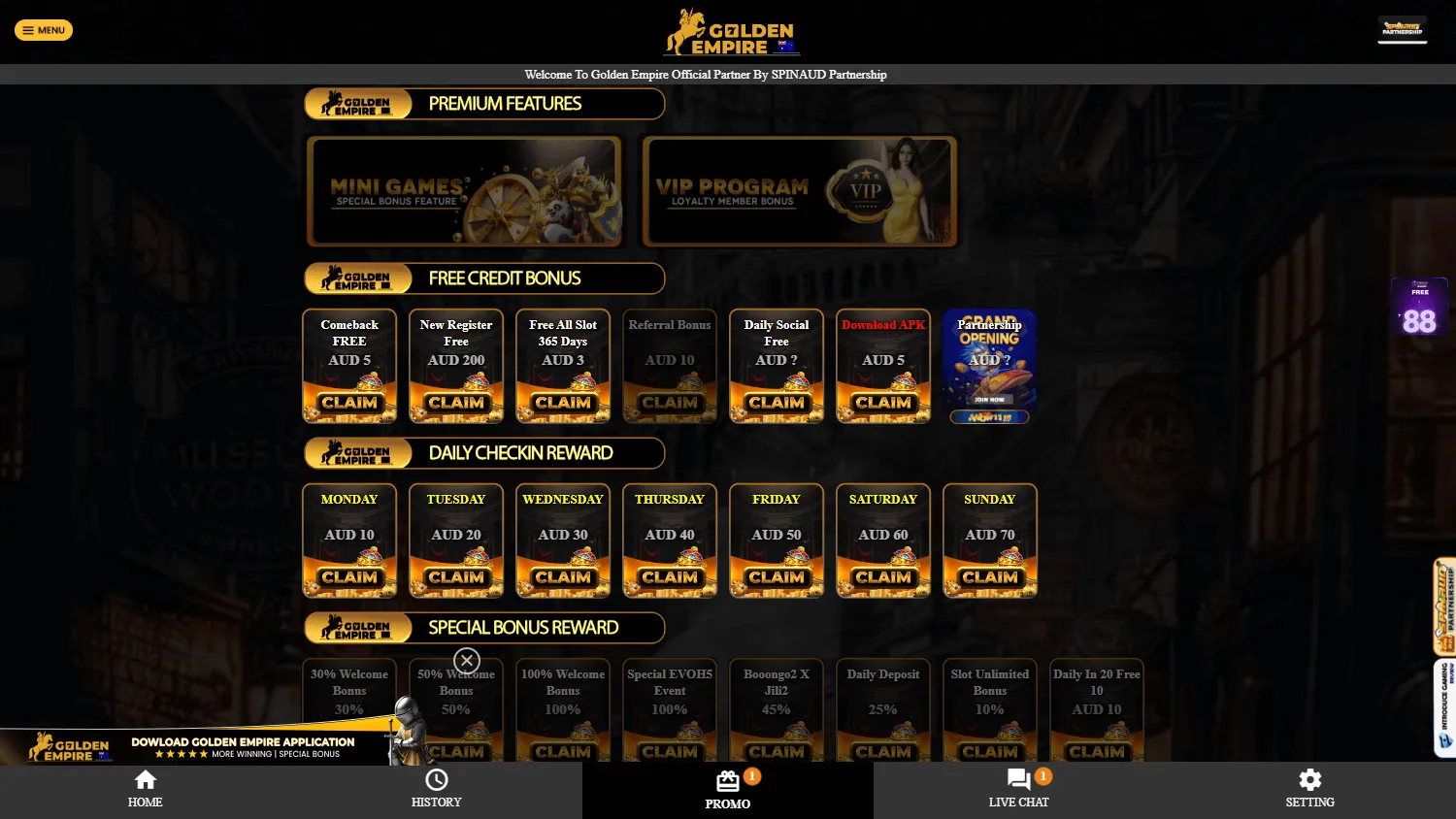 Golden Empire Casino promotions interface on desktop